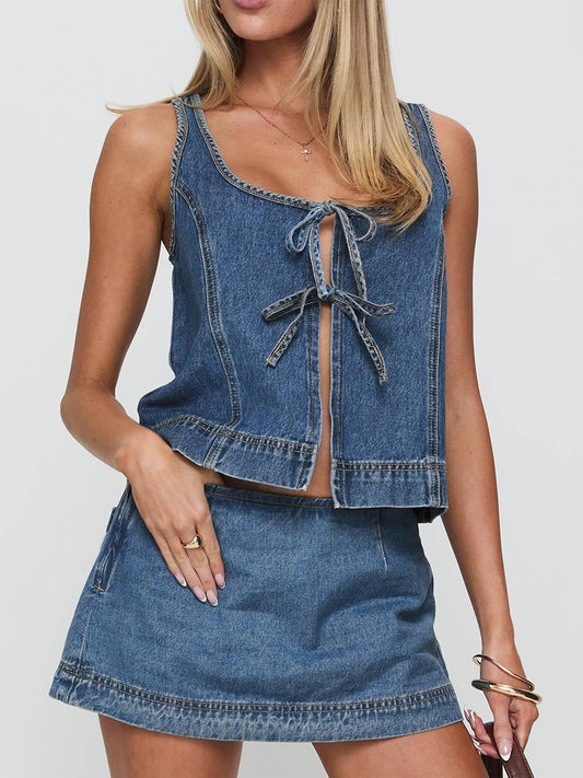 Denim Bow Skirt Set