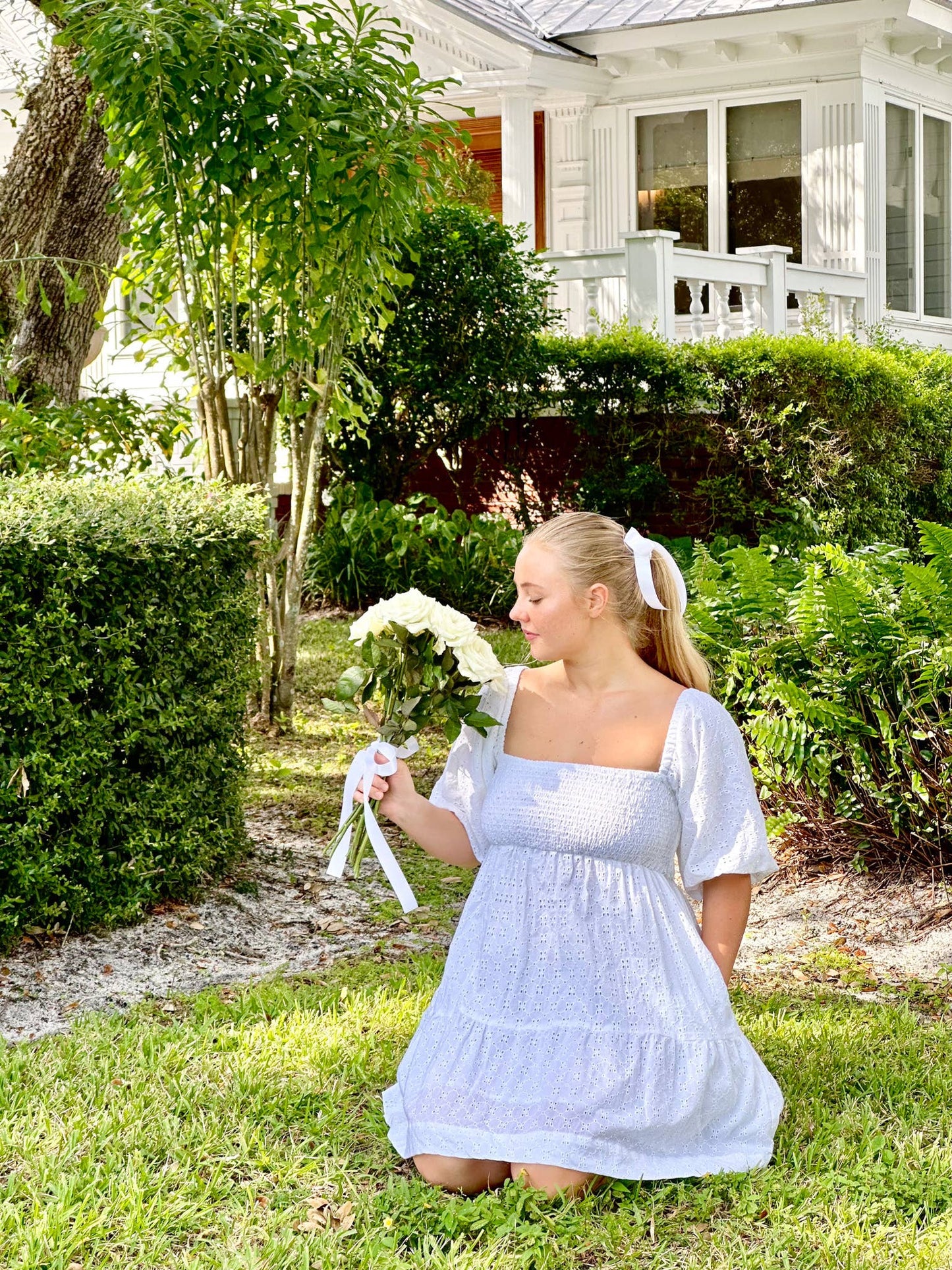 White Eyelet Smocked Dress
