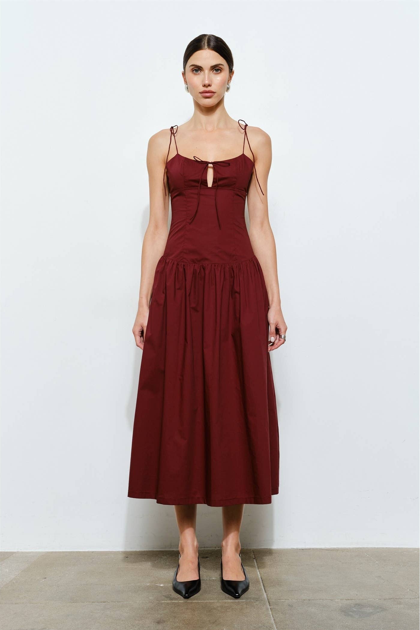 Jacqueline Tie Strap Drop Waist Midi Dress | at Darcy Apparel Jacqueline Tie Strap Drop Waist Midi Dress | at Darcy Apparel