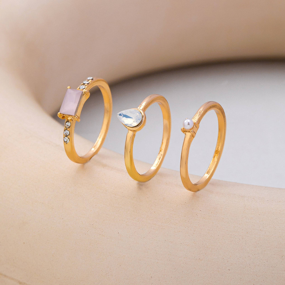 Milky Pink Opal Baguette Teardrop Ring Set