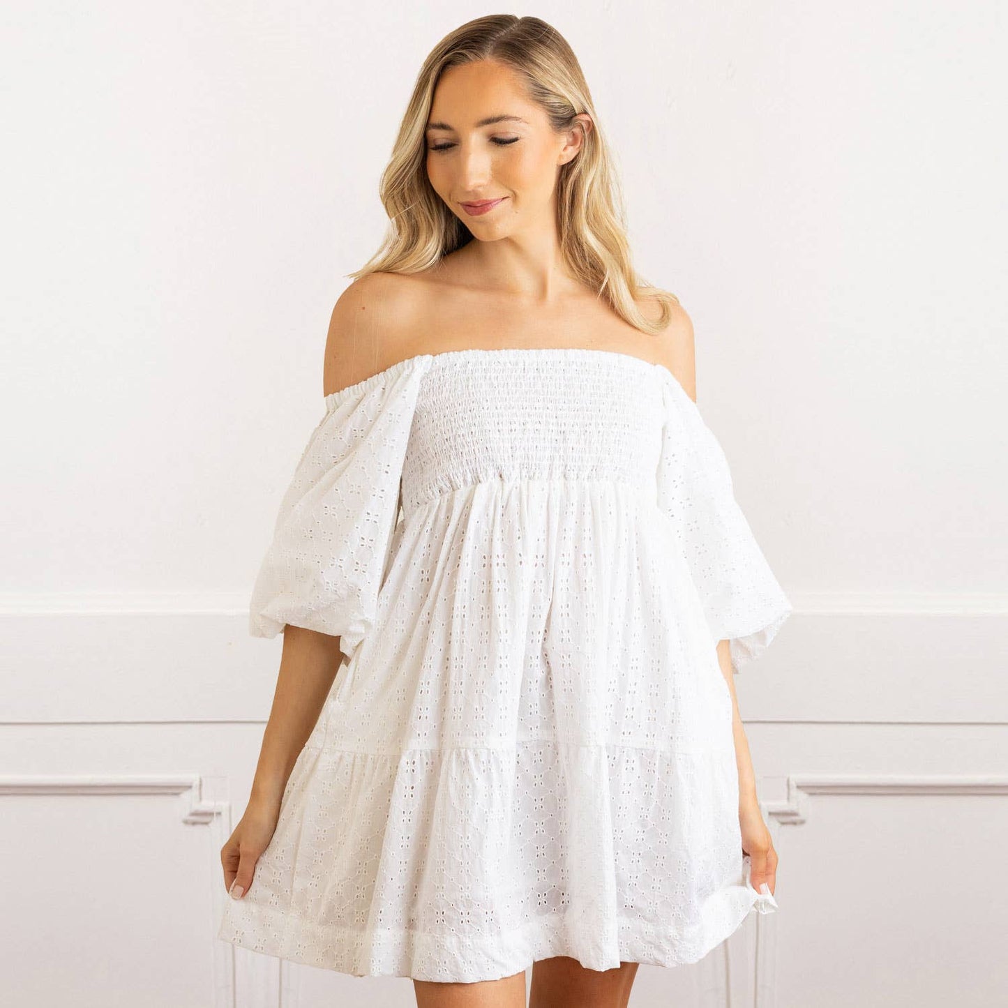 White Eyelet Smocked Dress