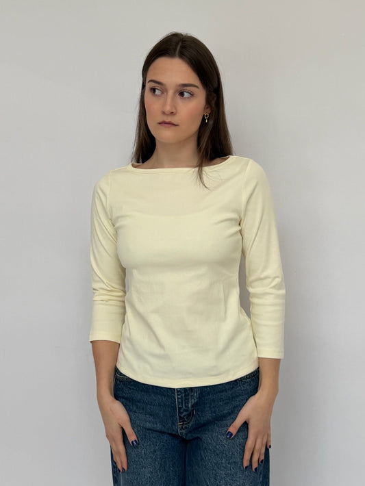 Shayla Boat Neck Tee | White + Blue