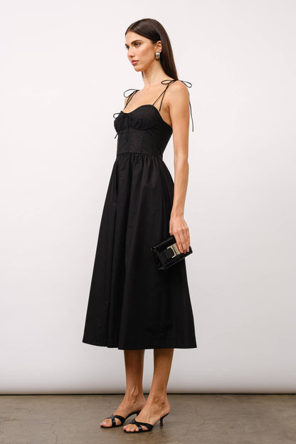 Positano Tie-Strap Corset Midi Dress - Black