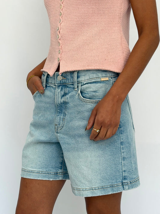 High Rise Midi Denim Shorts