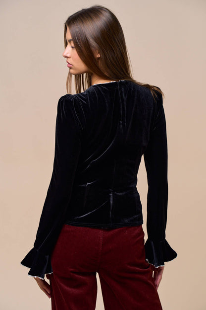 Velvet Pearl Trim Long Sleeve Top