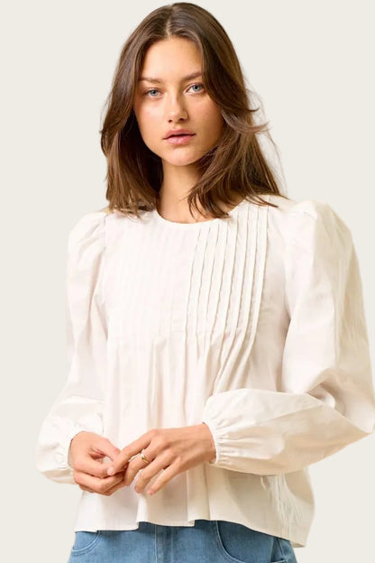 Cotton Puff Sleeve Pleated Top