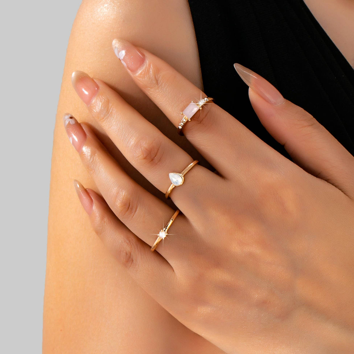 Milky Pink Opal Baguette Teardrop Ring Set