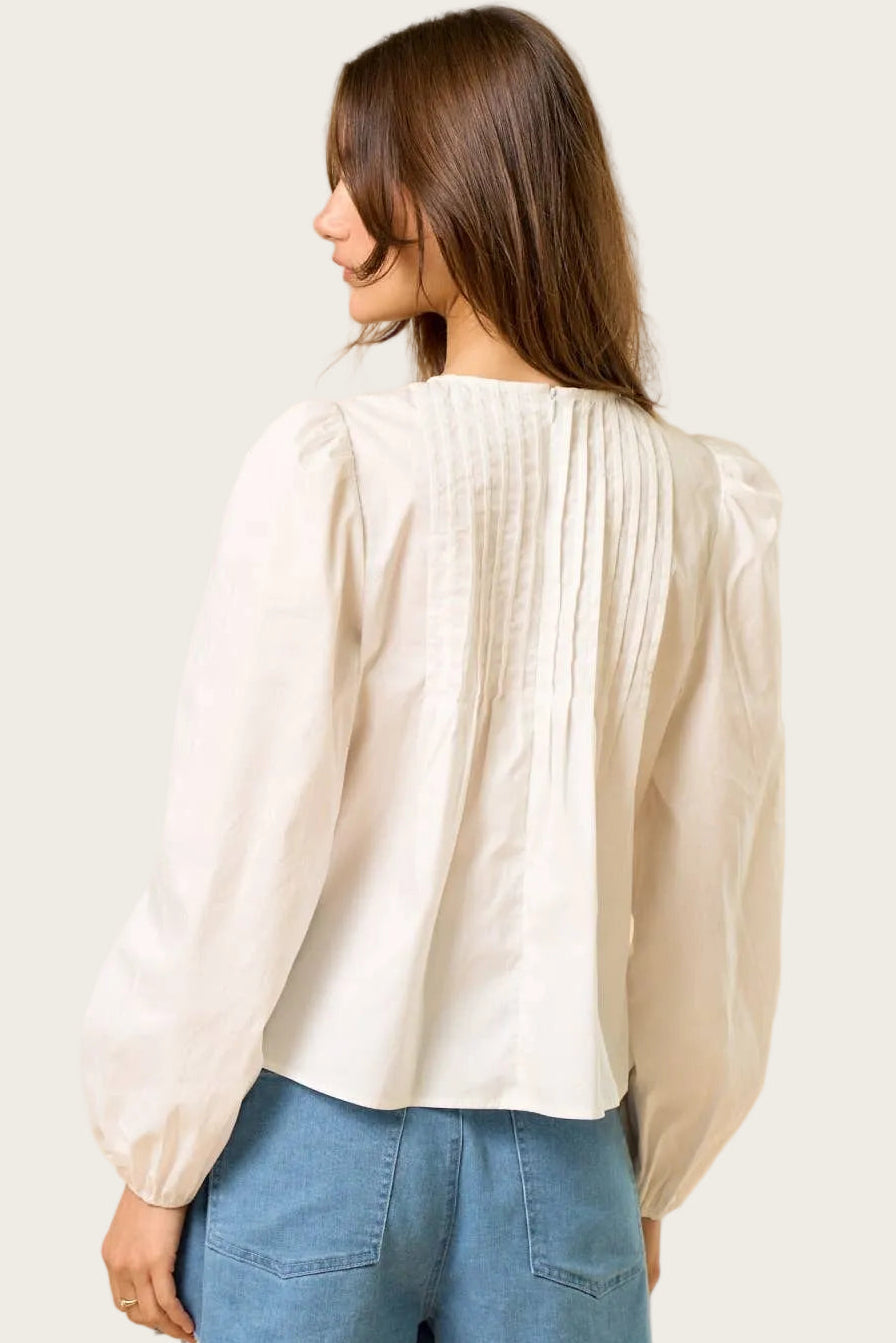 Cotton Puff Sleeve Pleated Top