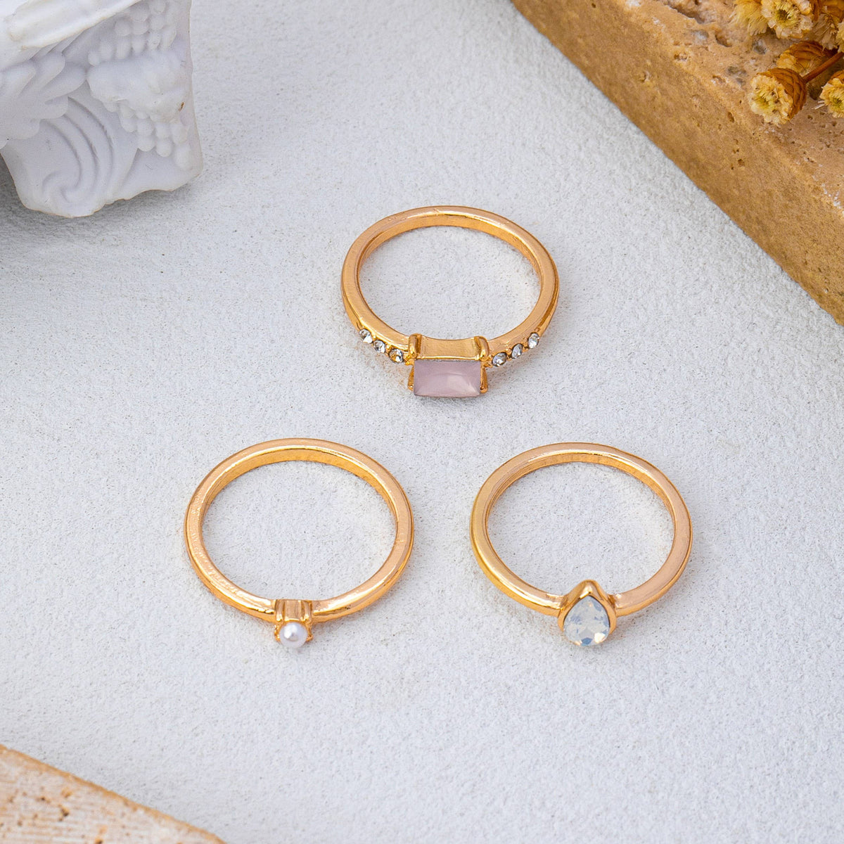 Milky Pink Opal Baguette Teardrop Ring Set