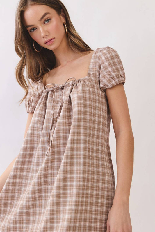 Plaid Square Neck Mini Dress