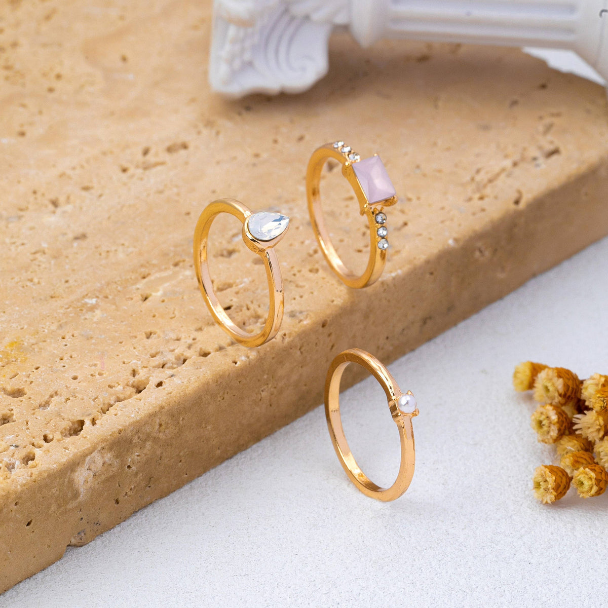 Milky Pink Opal Baguette Teardrop Ring Set