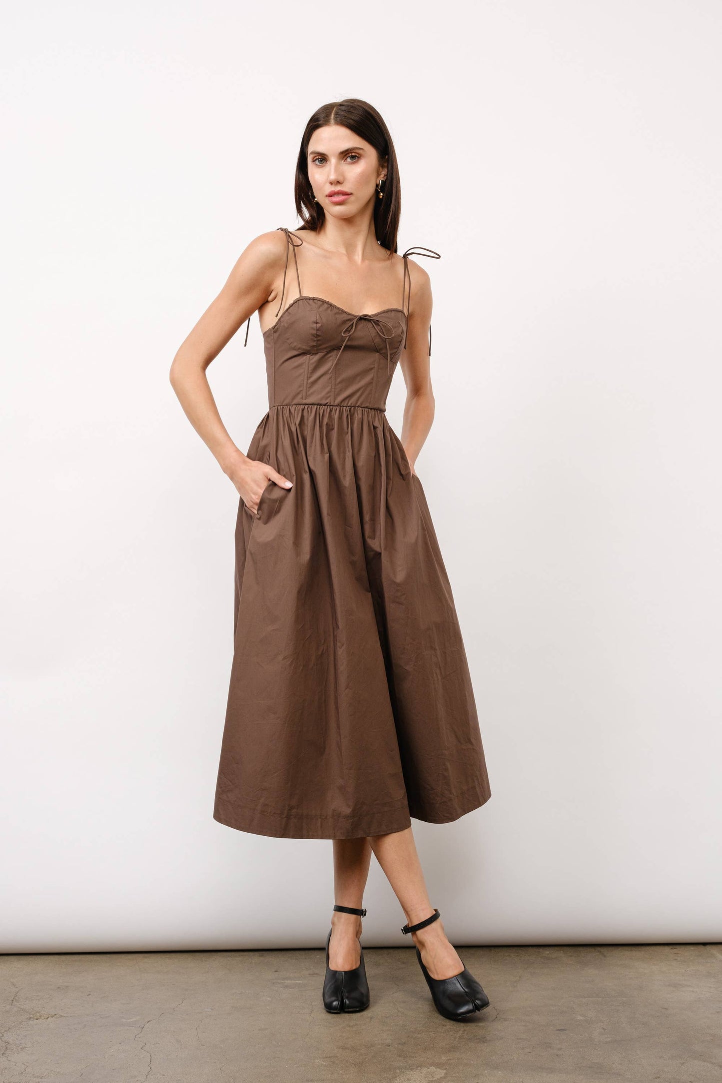 Positano Tie-Strap Corset Midi Dress - Brown