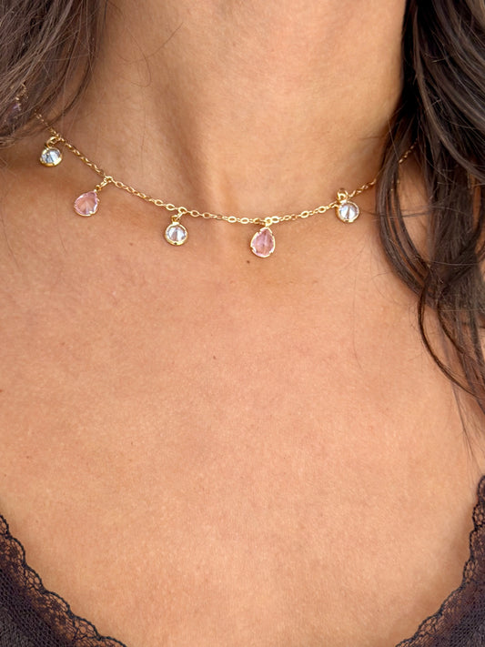 Pink Rhinestone Multi Drop Necklace