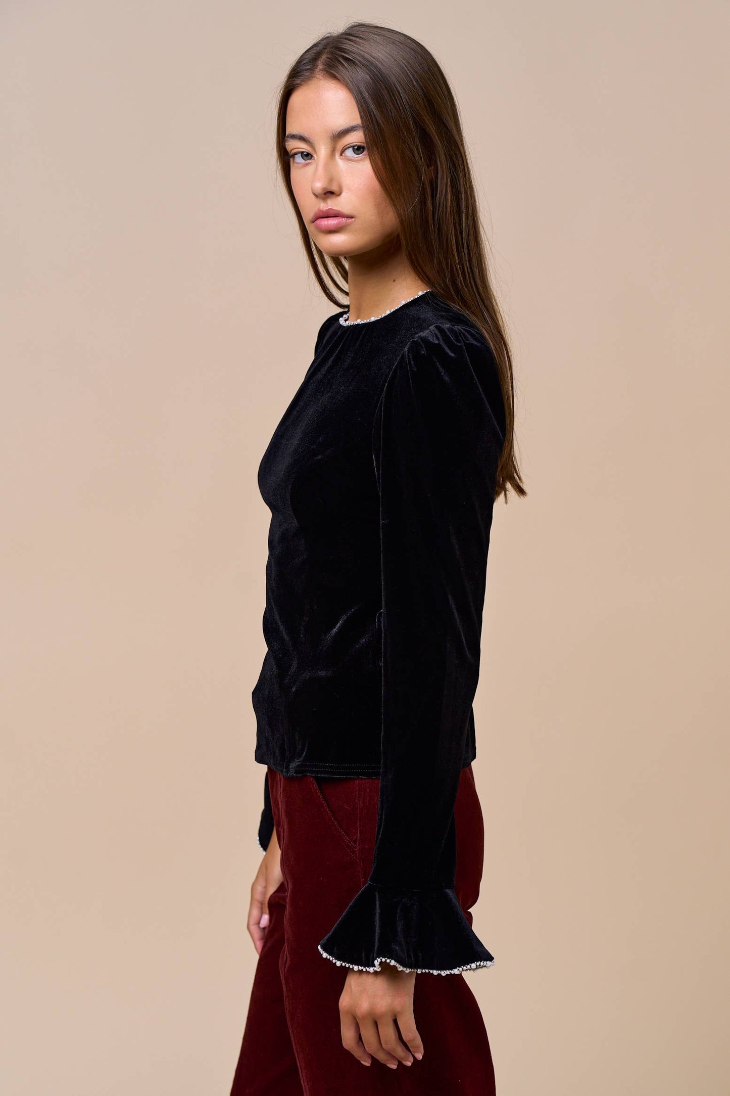 Velvet Pearl Trim Long Sleeve Top