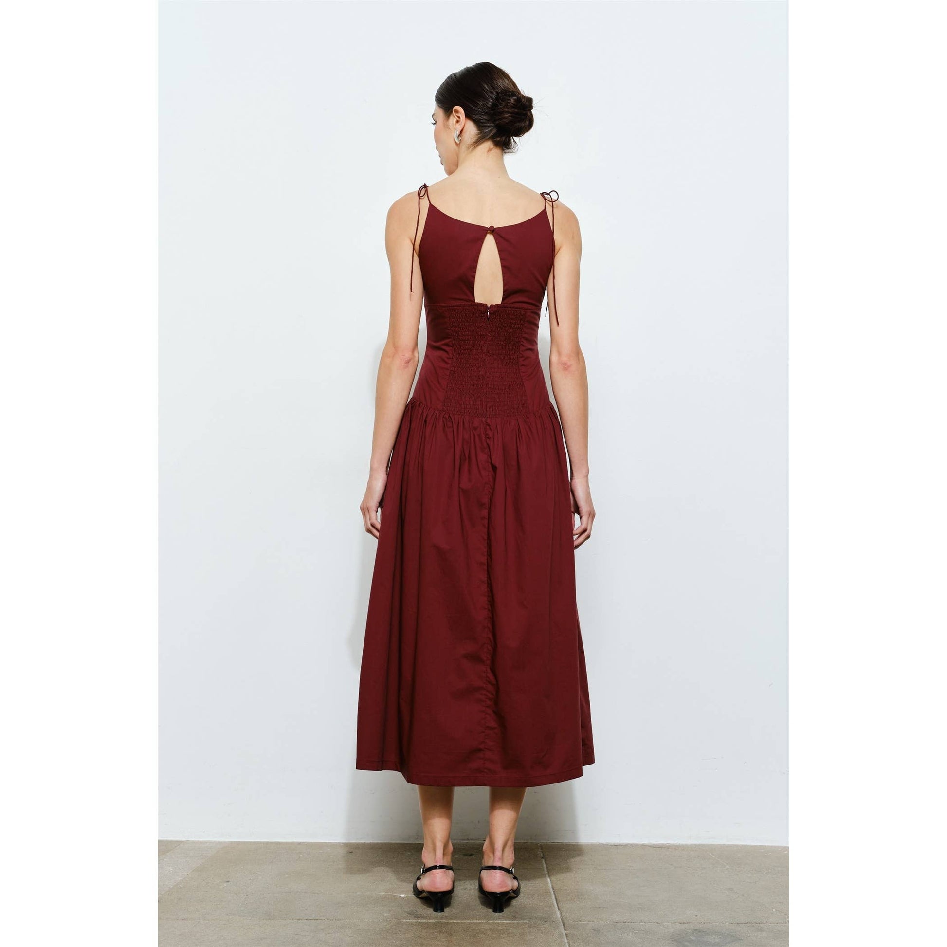 Jacqueline Tie Strap Drop Waist Midi Dress | at Darcy Apparel Jacqueline Tie Strap Drop Waist Midi Dress | at Darcy Apparel