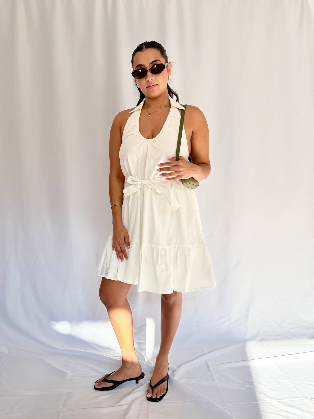 Belted Halter V-Neck Mini Dress