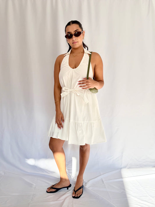 Belted Halter V-Neck Mini Dress
