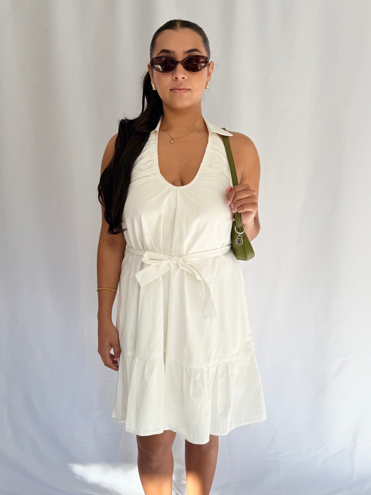 Belted Halter V-Neck Mini Dress