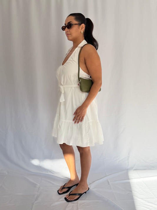 Belted Halter V-Neck Mini Dress
