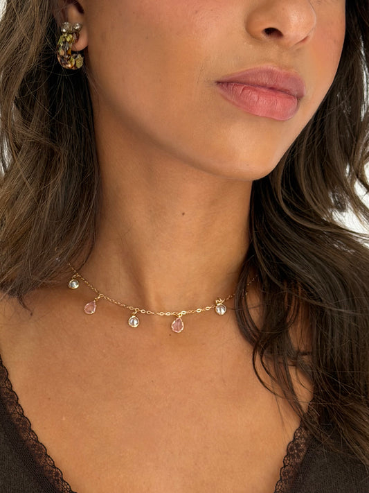 Pink Rhinestone Multi Drop Necklace