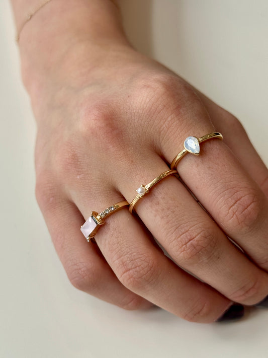 Milky Pink Opal Baguette Teardrop Ring Set