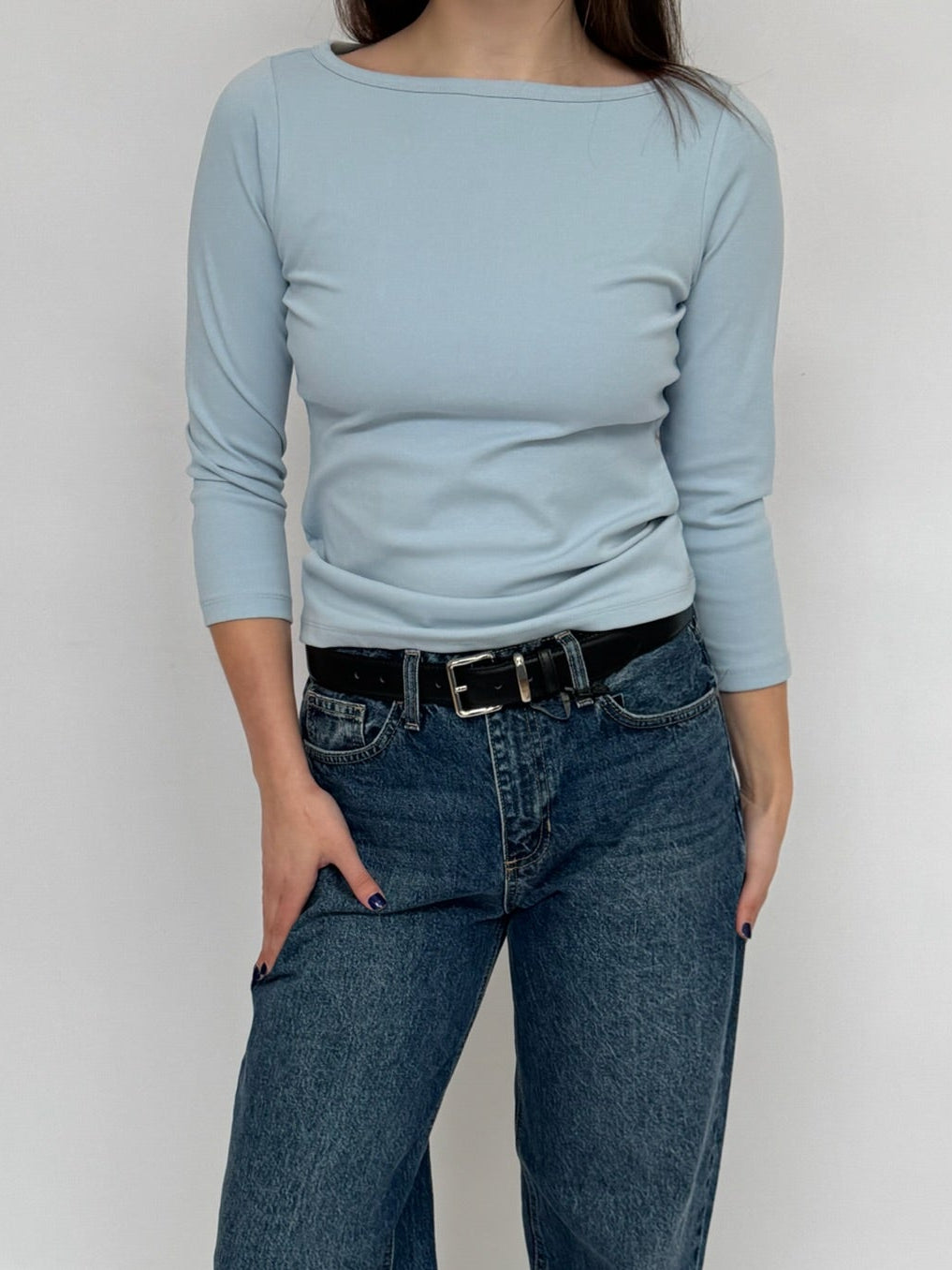 Shayla Boat Neck Tee | White + Blue