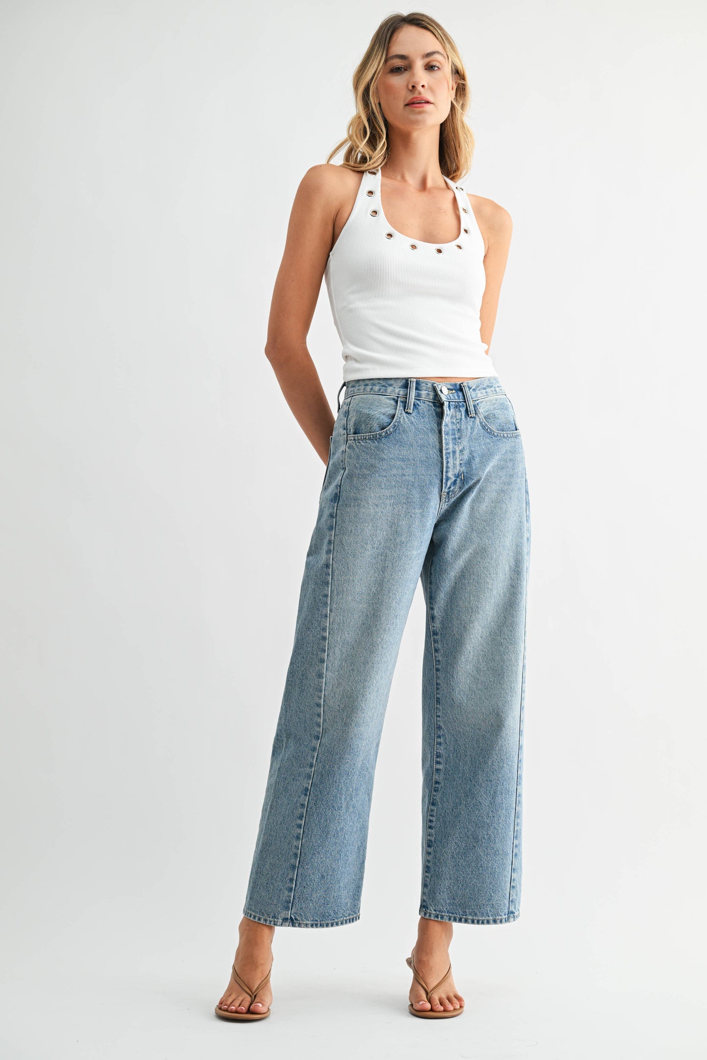High Rise Twist Seam Barrel Jean