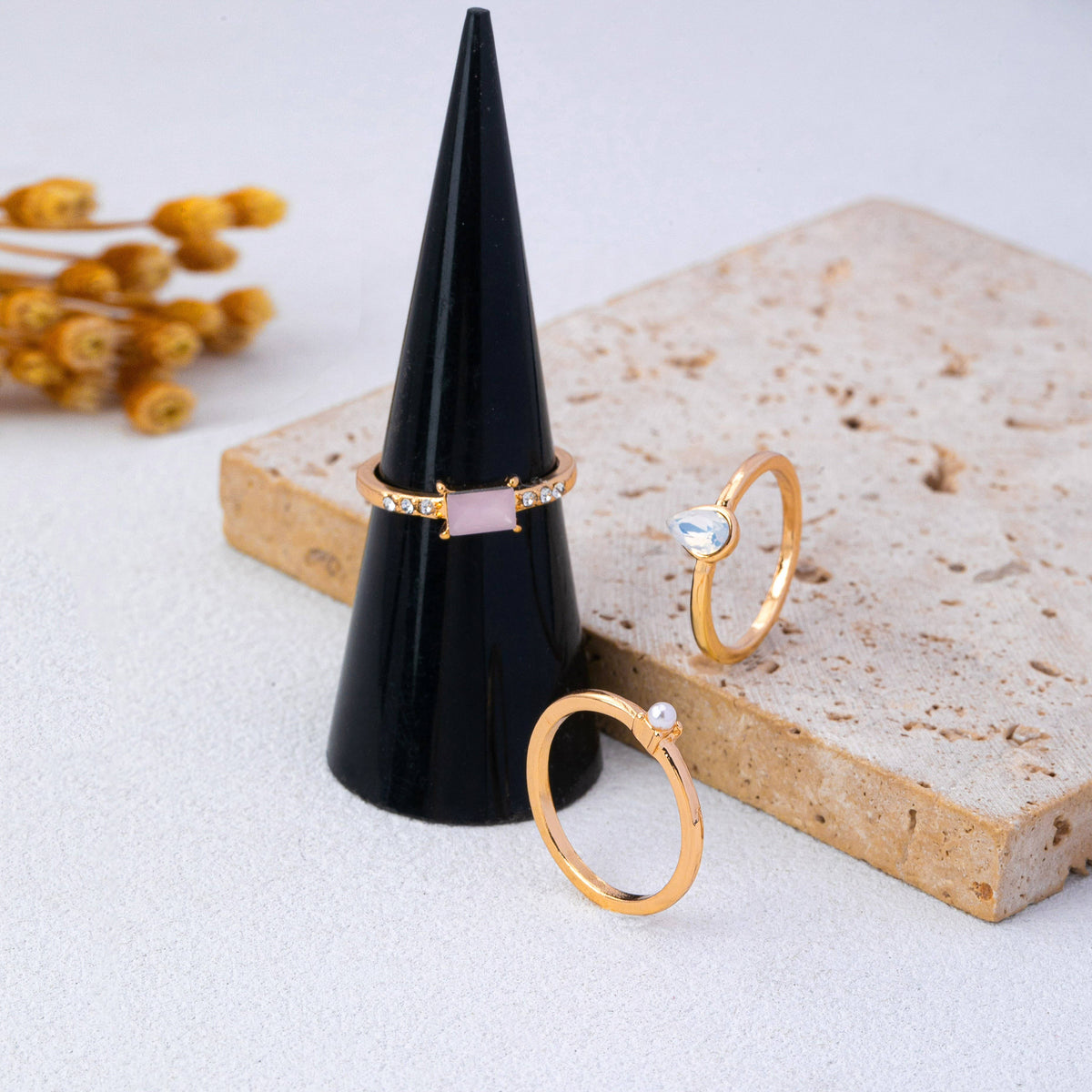 Milky Pink Opal Baguette Teardrop Ring Set