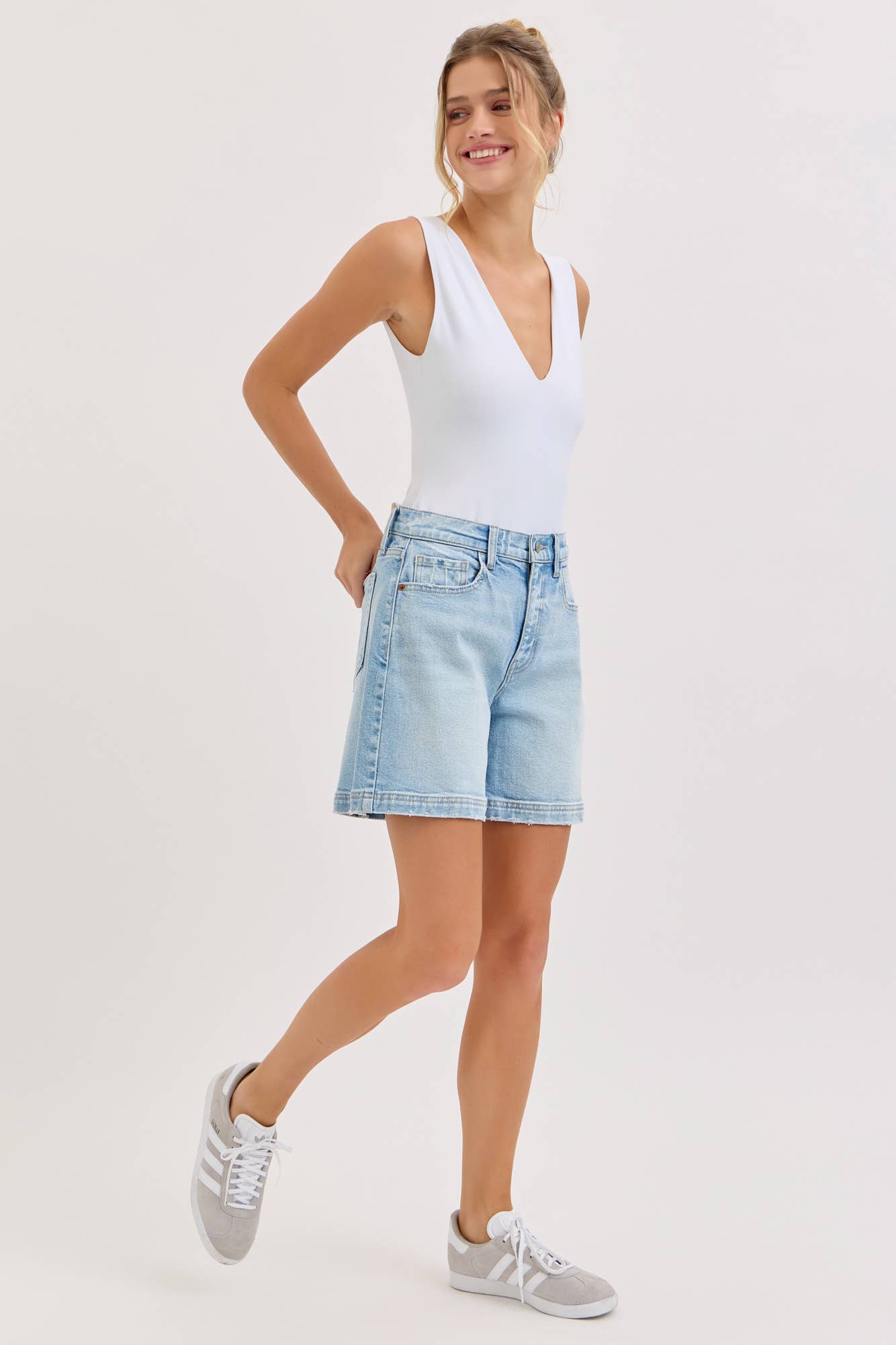 High Rise Midi Denim Shorts