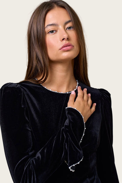 Velvet Pearl Trim Long Sleeve Top