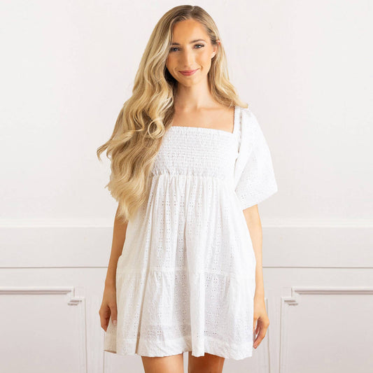 White Eyelet Smocked Dress